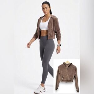 Sacre Velour Zip Up Cropped Hoodie‎ Mocha Brown XS Soft Plush Streetwear Hooded
